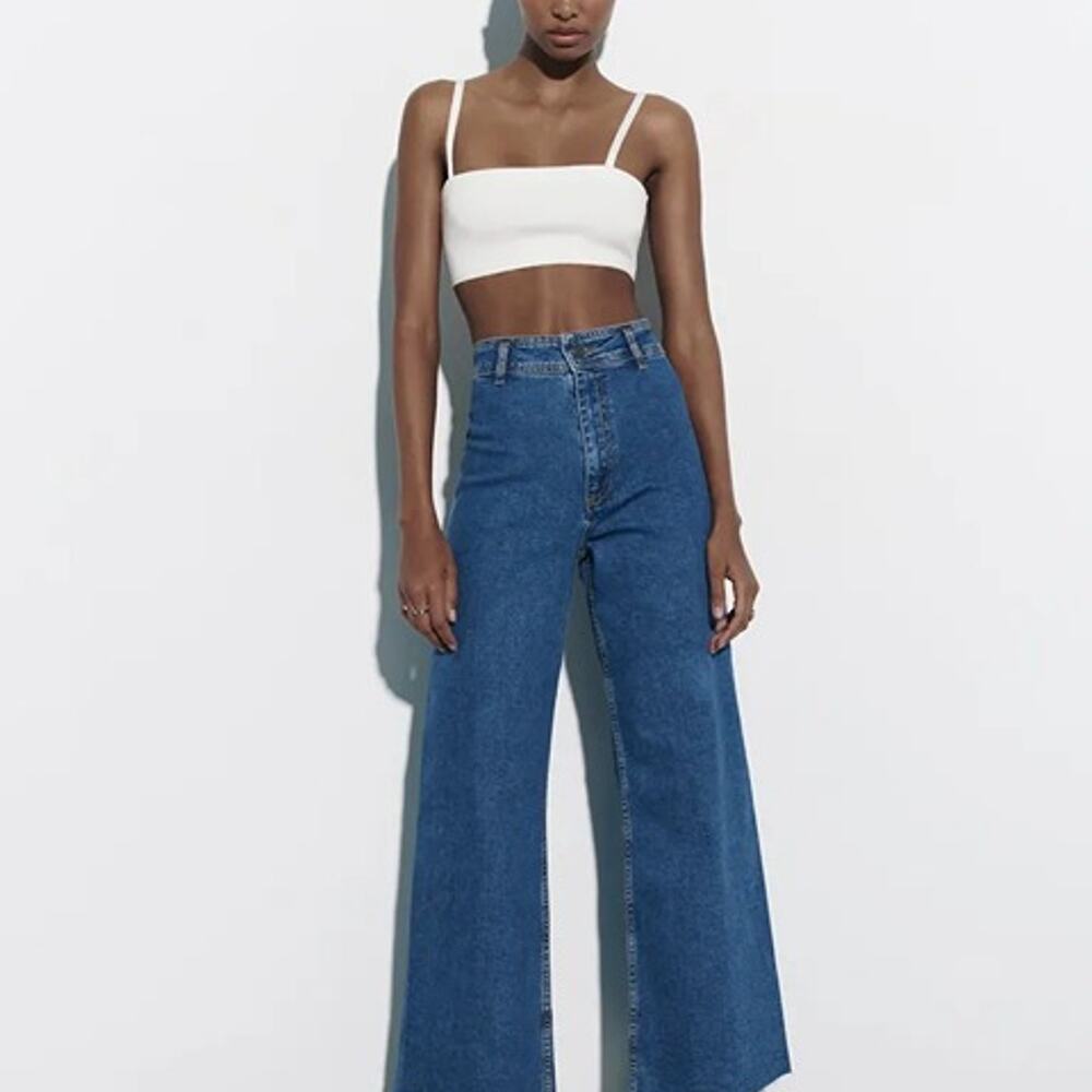 ZARA Medium Blue Marine Straight High Rise Wide Leg Cropped Jeans Size 4